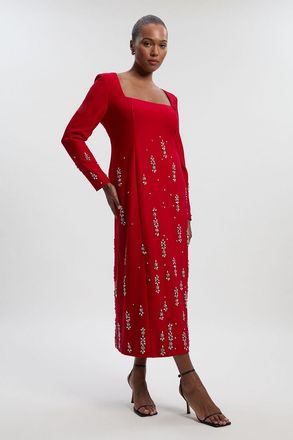 Karen Millen Womens Plus Size Crystal Embellished Scuba Crepe Bandeau Midi Dress - Dark Red - Size 18 UK