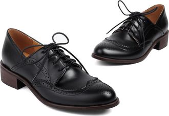 Generic Womens Two Tone Brogue Oxfords Lace-Up Round Toe Wingtip Perforated Low Chunky Heel Dress Shoes Comfortable Classic Vintage Inspired Style,Black,5.5 U