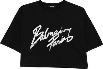 Balmain Black Round Neck Logo Detail Crop T-Shirt