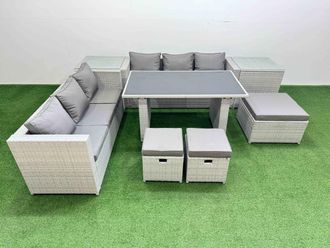 Fimous 9-seater Patio Rectangular Table Sofa Set with 2 Side Tables 3 Stools in Light Grey