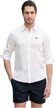 Aeronautica Overhemden, Heren, Wit, M, Linnen, Linnen overhemd met geborduurd logo