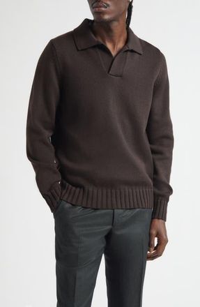 Thom Sweeney Skipper Johnny Collar Virgin Wool Polo in 280 - Dark Brown at Nordstrom, Size X-Large
