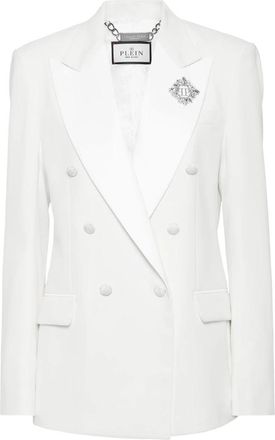Philipp Plein Crepe en satijnen double-breasted blazer - Dames - Blazers - Wit - L - Satijn - Jassen