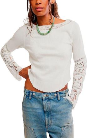 Free People Intimately FP Amber Lace Cuff Waffle Knit Top in White at Nordstrom, Size X-Large