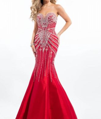 Rachel Allan Strapless Beaded Taffeta Prom Gown In Red/silver