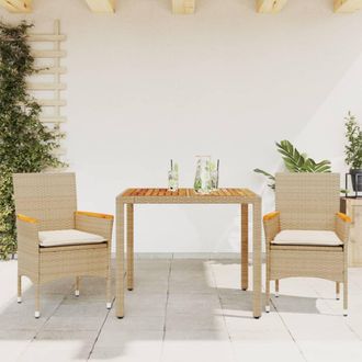 vidaXL Set De Comedor Jard&iacute;n 3 Pzas Con Cojines Rat&aacute;n Pe Acacia Beige Vidaxl