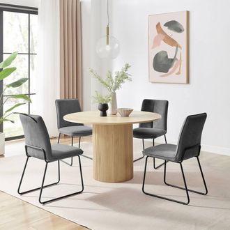 Furniturebox Penrose Oak Effect Round Dining Table & 4 Halleyy Chairs in Dark Grey