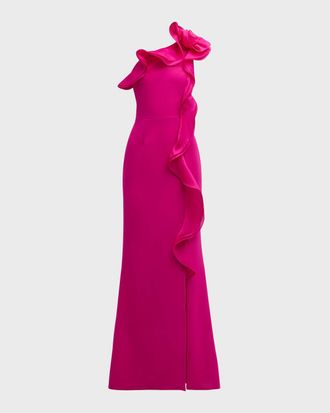 Teri Jon One-Shoulder Ruffle Column Gown