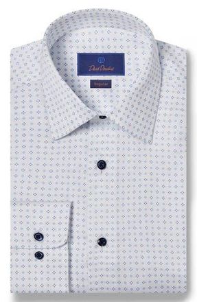 David Donahue Diamond Print Regular Fit Herringbone Dress Shirt in White/Blue at Nordstrom Rack, Size 15.5 - 34/35