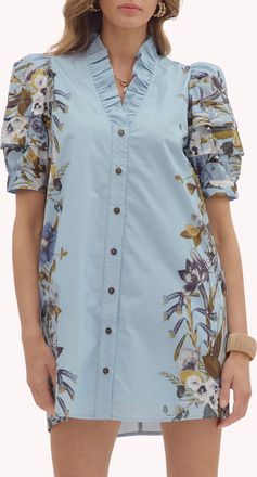 Entro Flower Pattern Button Mini Dress In Chambray