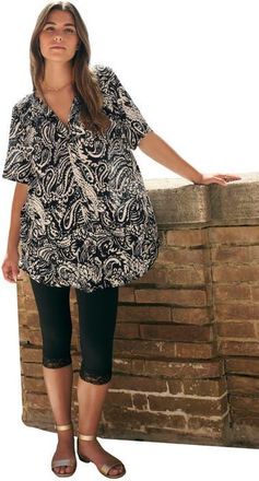 Roaman's Plus Size Angelina Crinkle Crepe Y-Neck Short Sleeve Tunic in Black Paisley Graphic at Nordstrom, Size 30