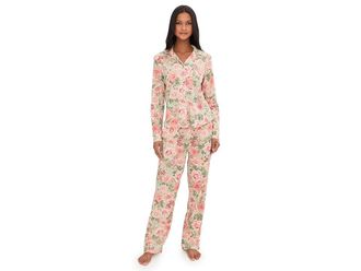 Karen Neuburger Vintage Dreams Long Sleeve Notch Top Long Pants Set With Picot Trim Womens Pajama Sets Forest Rose : LG (Womens 14-16)