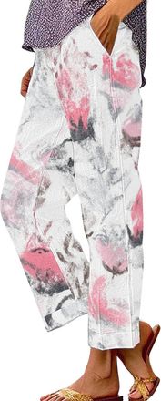Generic Womens Elastic Waist Casual Pants Linen Cropped Trousers for Summer Boho Floral Print Loose Casualpants Haremtrousers with Pockets Beachtrousers High 