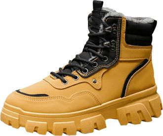 Generic Snow Boots Womens Mens Winter Flat Ankle Boots Warm Faux Fur Lined Fashion Leather Shoes Casual Lace Up Outdoor Trainer (Yellow, 8.5)