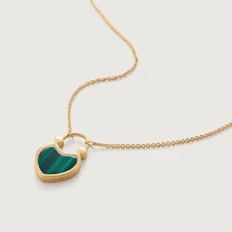 Monica Vinader Gold Heart Gemstone Padlock Fine Chain Necklace 41-46cm/16-18 Malachite