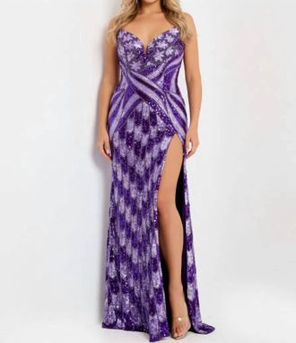 Jovani Sweetheart Sequin Gown With High Slit In Purple