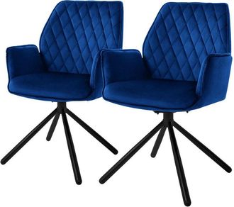 ML Design Ml-design - Set 2x Sillas De Comedor Con Respaldo Y Reposabrazos Asiento Azul Oscuro Tapizado Con Funda De Terciopelo Patas De Metal Sill&oacute;n Giratorio 