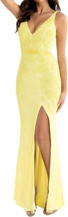 Primavera Beaded Sleeveless V-Neck Long Gown In Yellow