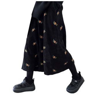 Generic Corduroy Floral Embroidery Long Skirts for Women A-Line Elastic Waist Cottagecore Floral Embroidery Fall Boho Maxi Skirts Vintage Elastic High Waist R