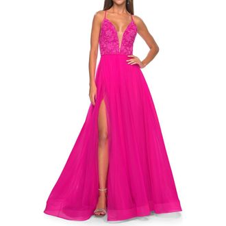 La Femme Illusion Lace Bodice A-Line Tulle Prom Dress with Slit in Hot Fuchsia at Nordstrom, Size 16