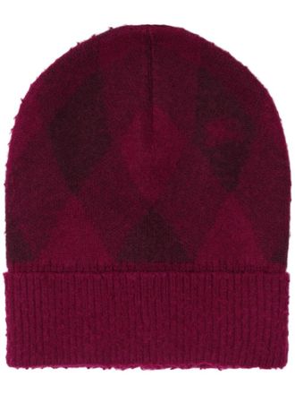 Burberry intarsia-knit logo argyle checked beanie - men - Wool - One Size - Red