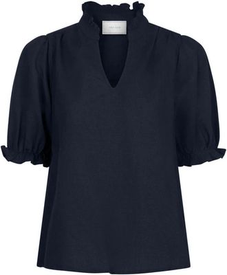 Neo Noir Navy Blouse met Pofmouwen - Dames - Blouses - Blauw - XS - Katoen - Overhemden