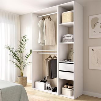 Dmora Armario Grande Fellowship, Dormitorio 4 Estantes, Ropero, 2 Cajones, 45x205h Cm Blanco