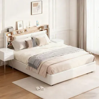 OEM Cama Lit 140x190 - Smyz - Led Integrada - Somier De 12 Lamas - Recubrimiento De Pu Blanco