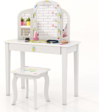 Costway Costway Tocador De Maquillaje Ni&ntilde;a, Set De Mesa De Tocador Y Silla Para Ni&ntilde;as Con Espejo De Tres Paneles, Caj&oacute;n De Almacenamiento, Mesa De Tocador 2 E