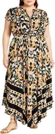 City Chic Zella Print Tie Waist Maxi Dress in Black Print at Nordstrom, Size Xs