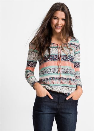 Bonprix Tunikashirt BONPRIX, Damen, Gr. 52/54 (XXL), lachs gemustert, Jersey, Obermaterial: 50% Baumwolle, 50% Viskose, bedruckt, A-Linie h&uuml;ftlang, V-Ausschni