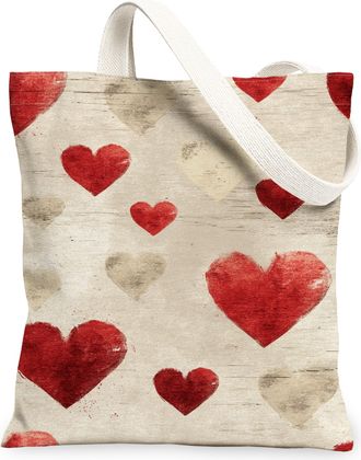 Generic Heart Pattern Canvas Tote Bags, Love Design Reusable Grocery Bags, Vintage Lightweight Washable Shoulder Strap Canvas for O, Red, 13x15 Inch