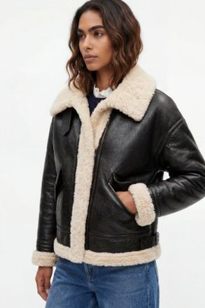 Elle Womens Jocelyn Faux-Shearling Aviator Jacket Brown - Size Medium
