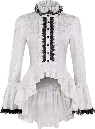 Generic Button Down Shirts Gothic Blouses Tops Womens Medieval Victorian Shirt Stand Collar Flare Sleeve Gothic Steampunk Court Shirt Top