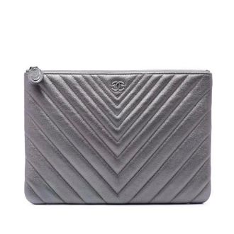 Chanel Pre-owned Chevron Clutch - Dames - Pre-owned - Grijs - Maat: ONE Size Leer