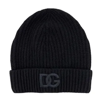 Dolce & Gabbana Beanies, male, Black, Size: ONE SIZE Cashmere Ribbed Hat with Embroidery