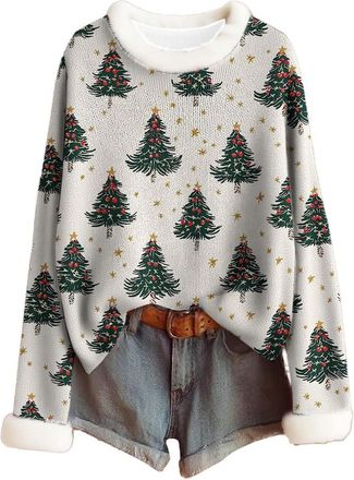 Generic Christmas Jumper 2025 Christmas Sweatshirts For Women Uk Ladies Casual Tops Xmas Printed Jumpers Furry Crew Neck long Sleeve Shirts Xmas Tree Snowflak