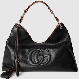 Gucci Large Shoulder Bag With Double G Detail, Black, Leather