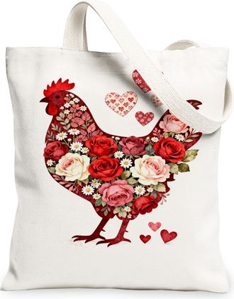 Generic Floral Chicken Canvas Tote Bags, Designer Floral Pattern Reusable Grocery Bags, Vintage Lightweight Washable Shoulder Strap, White, 13x15 Inch