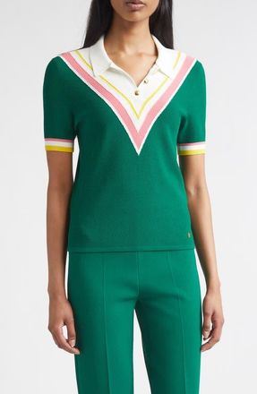 St. John Diagonal Texture V-Stripe Polo Sweater in Cypress Multi at Nordstrom, Size X-Large
