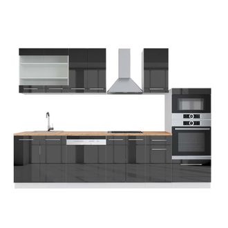 Vicco Mueble De Cocina Fame-line, Antracita Brillo Intenso/blanco, 300 Cm Con Armario Alto, Et Roble