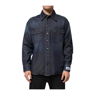 Dolce & Gabbana Blauwe Denim Logo Patch Casual Shirt - Heren - Spijkeroverhemden - Blauw - XS - Denim - Overhemden