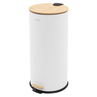 ML Design Cubo de basura redondo con pedal 30L de acero blanco y tapa de bamb&uacute;