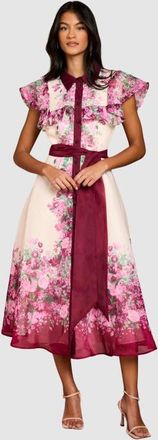 Coast Petite Floral Frill Collard Midi Dress in Berry at Nordstrom, Size 10