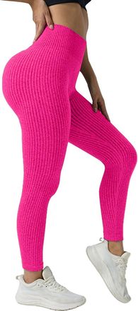 Generic Women Ribbed Leggings UK Gym Seamless High Waist Tummy Control Yoga Pants Womens Workout Ruched Scrunch Activewear Leggings (Hot Pink, S)