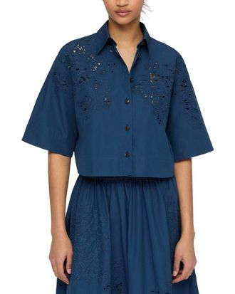 Lafayette 148 New York Embroidered Button Front Cropped Top