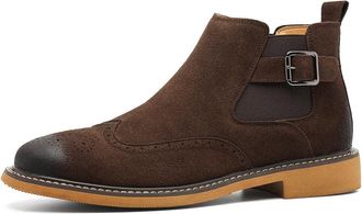 Generic Mens Chelsea Boots with Buckle | Brogue Wingtip Dress Ankle Boots | Slip On PU Suede Classic Vintage Formal Business Casual Fashion Shoes,Brown,7.5 UK