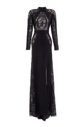 Saiid Kobeisy Intricate Embroidered Lace Evening Dress With High Neckline