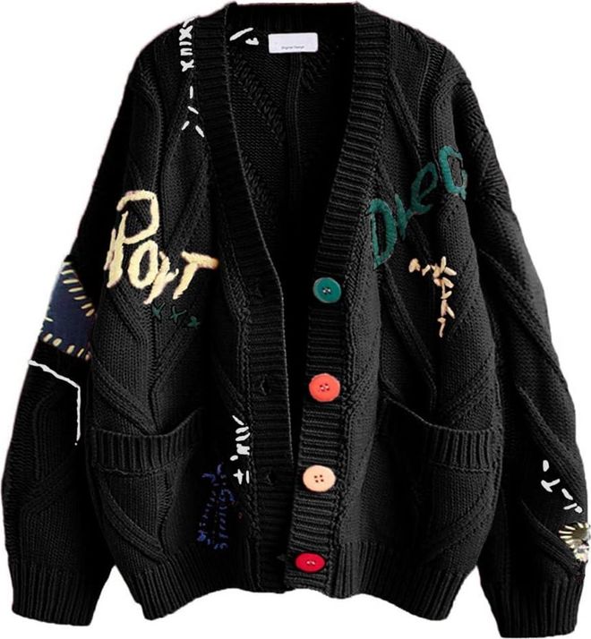 Chunky Cardigans for Women Uk, Loose Fit V Neck Button Down Chunky Cable Knit Sweater Cardigan with Pockets, Colourful Embroidery Ladies Knitwear for 