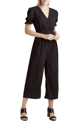 Kensie Short Sleeve Belted V-Neck Jumpsuit In Black